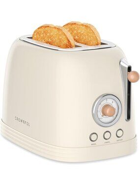 2-Slice Cream Retro Stainless Steel with Bagel Wide Slots Defrost Toaster